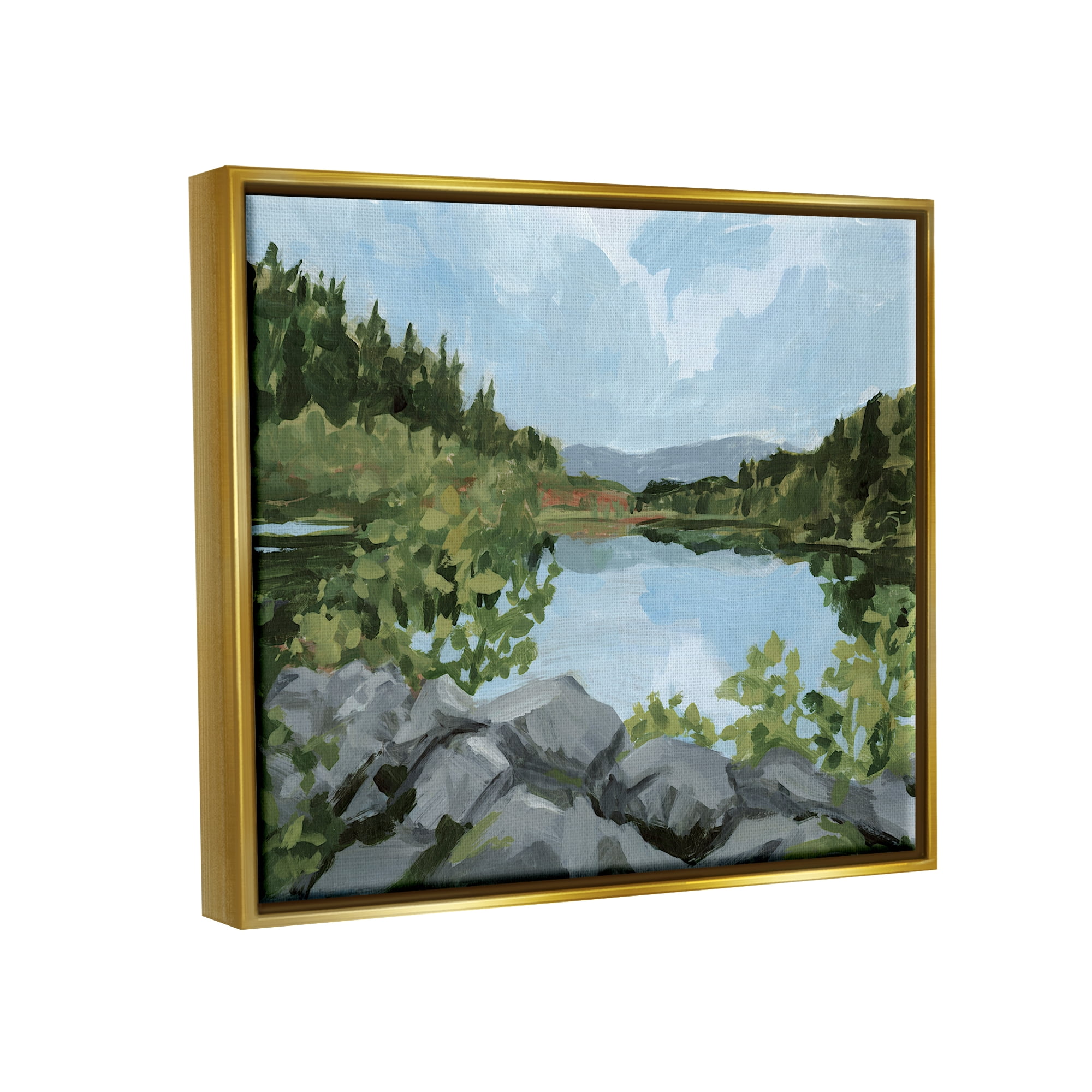 Stupell Woodland Lake Rocky Shore Landscape Painting Gold Floater Framed Art Print Wall Art
