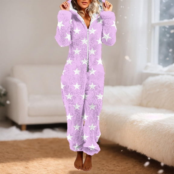 Xdegoge Womens Onesies Pajamas Hooded Long Sleeve Cozy One Piece Star Print Winter Zip Up Sleepwear Romper Lounge Fleece Jumpsuits Cute Y2K Fashion Pjs Outfits