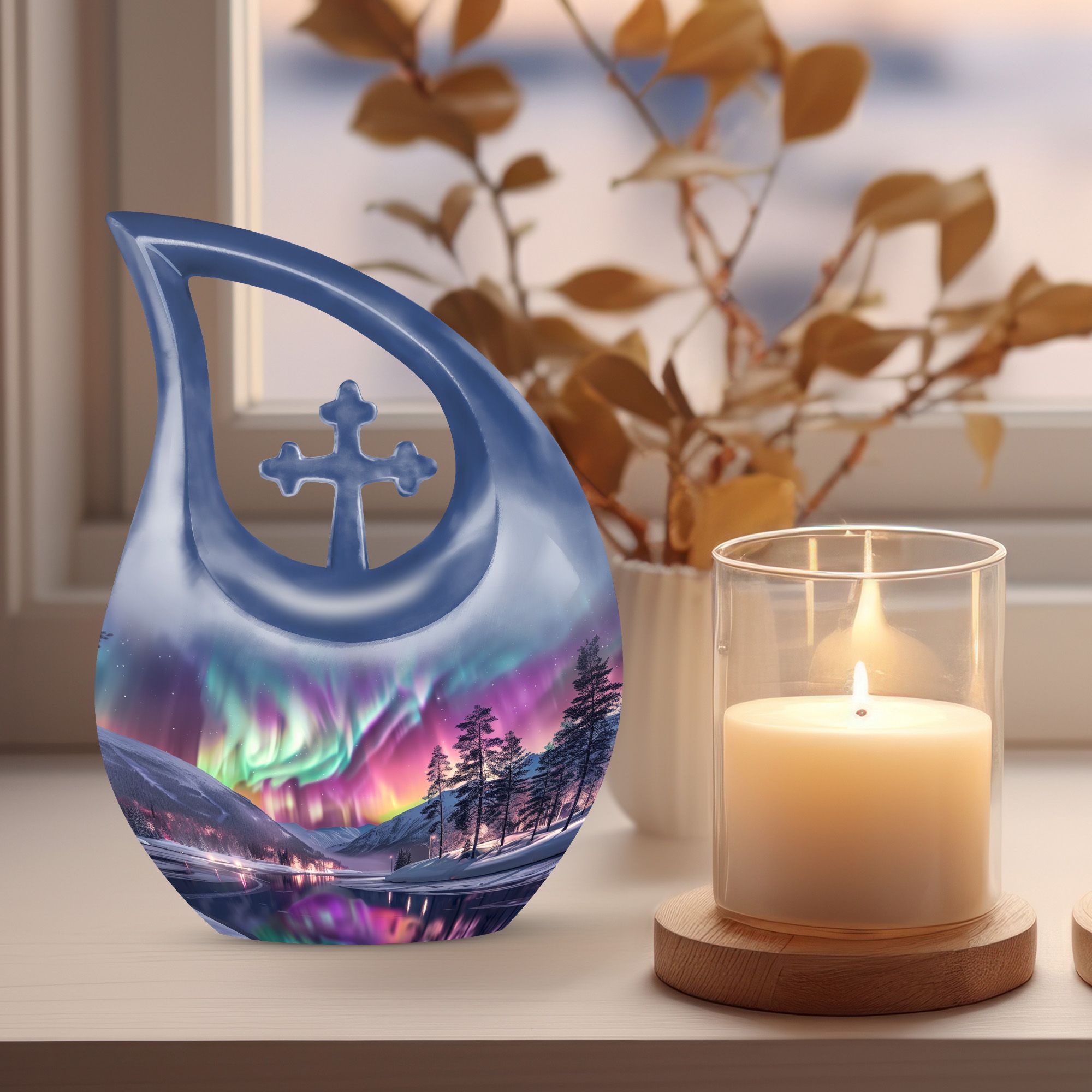 MUKTIVE Aurora Borealis Memorial Urns for Adult Male - Large Purple Funeral Urn for Ashes for Women - Cross Drop Cremation Urn - Decorative Northern Light Urns for Burial - 10 Inch