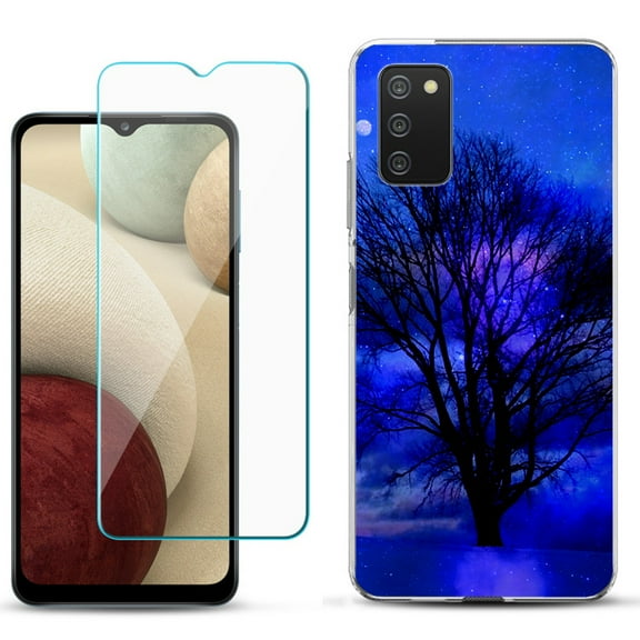 Slim-Fit TPU Phone Case Compatible with Samsung Galaxy A02s, with Tempered Glass Screen Protector, by OneToughShield ® - Night Tree