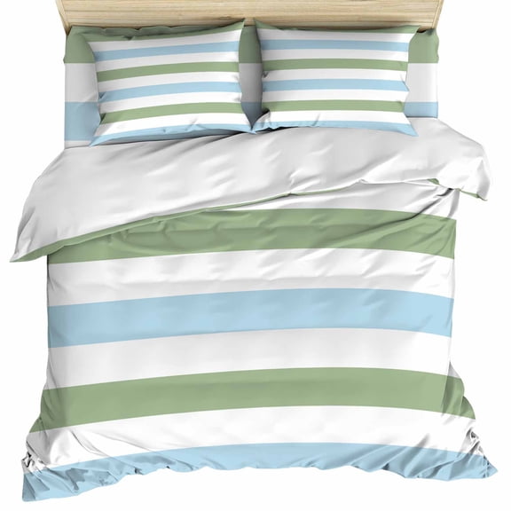 Sage Green Blue Striped Duvet Cover Set, Farmhouse Sage Green Stripes Soft Duvet Cover Full Size Bedding Set 4 Pieces, 1 Quiltcover and 2 Pillowcases with Zipper, 1 Bed Sheet for All Seasons