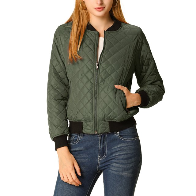 INSPIRE CHIC Blouson Matelassé Bomber à Col Montant à Fermeture à Glissière à Manches Raglan pour Femme P Vert Foncé