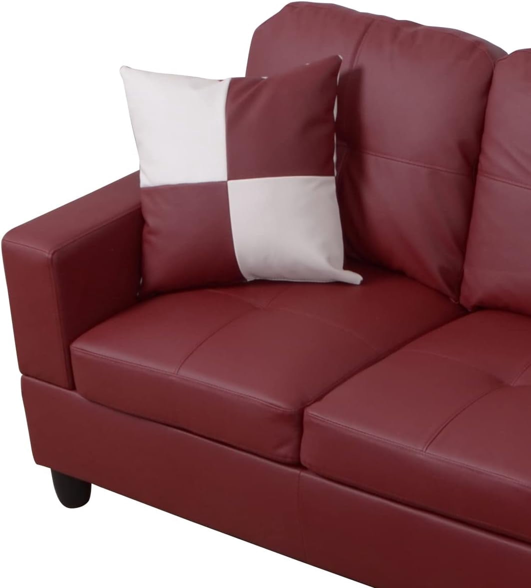 PonLiving Furniture Red Faux Leather 3 Piece Sectional Sofa Couch Set, L-Shaped Modern Sofa with Chaise Storage Ottoman for Living Room Furniture, Right Hand Facing
