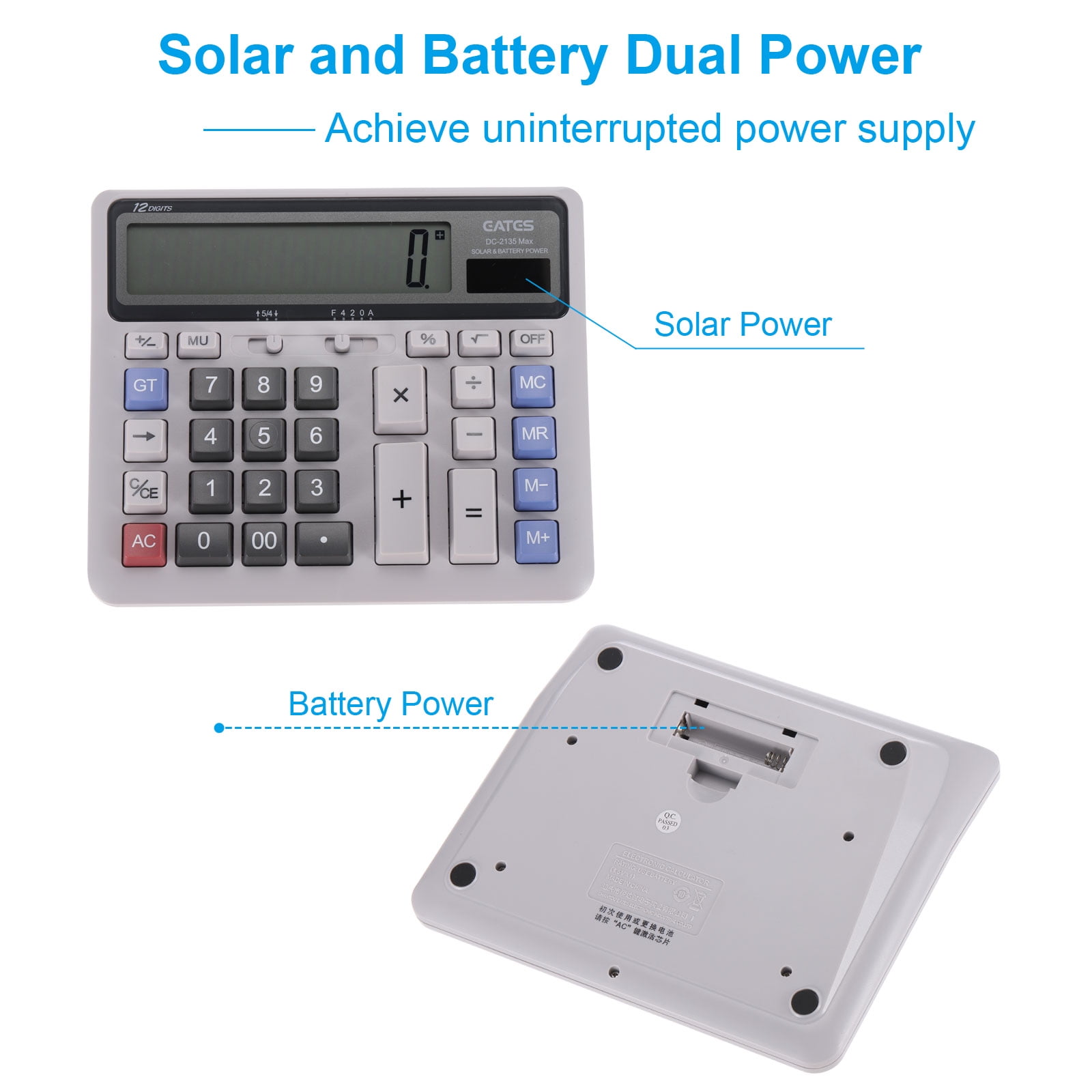 Uxcell Solar Battery Dual Powered 12 Digit Desk Calculator Electronic Calculator, Grey