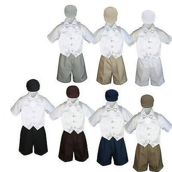 5pc Boy Toddler Formal White Vest Bow Tie Black Brown Khaki Navy Hat Shorts S-4T