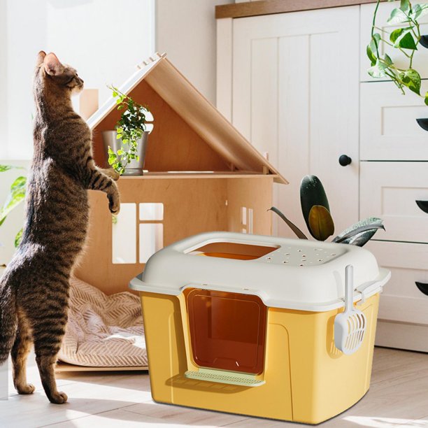 Caja de arena para gatos con tapa, bandeja de arena para gatos, inodoro grande para gatos con cubierta elevada, orinal para gatos pequeños y medianos, Amarillo Yinane Bandeja de arena para gatos con capucha