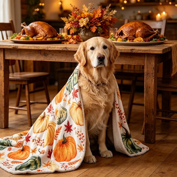 Thanksgiving Fall Pet Blanket with Pumpkin Maple Leaf Print, Soft Warm Flannel Fleece Throw for Dogs & Cats, Washable Couch Protector and Car Seat Cover, 39 x 27 Inches