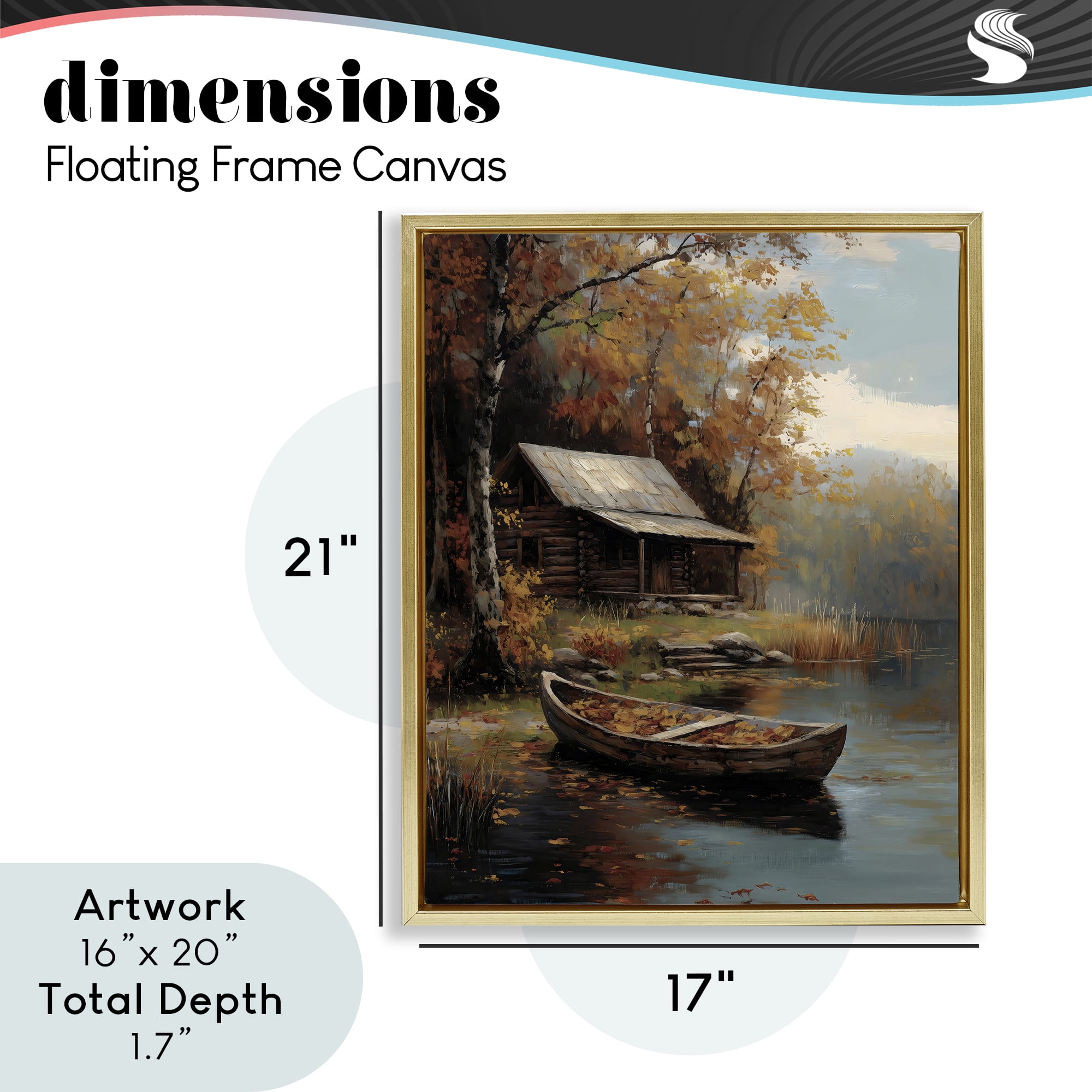 Autumn Cabin Canoe with Leaves Gold Framed Floater Canvas Wall Art, design by Arlington Prints