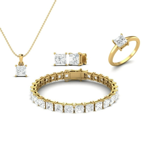 22 Carat Moissanite Diamond E Color VS1 Clarity Brilliant Cut 925 Silver Gold Square Prong Set Halo Necklace Set Earrings Ring and Bracelet Set