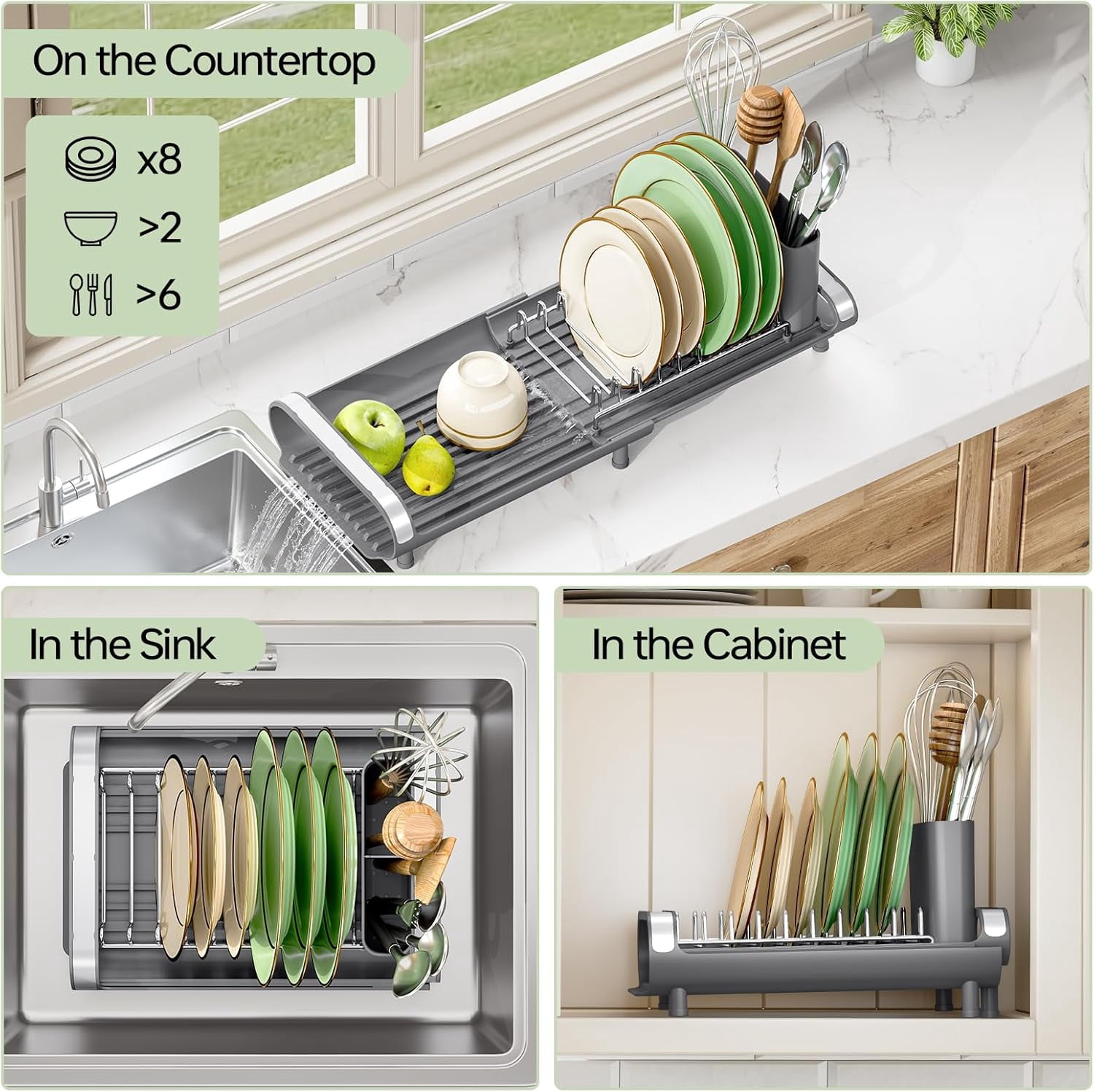 Small Dish Drying Rack, Mini Expandable Compact Dish Rack, Slim Extendable Stainless Steel Dish Drainer for Kitchen Plate Storage, Space Saving Dish Strainer in Sink or on Home Countertop, Gray