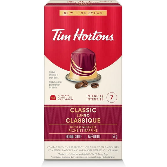Tim Hortons Classic Lungo, Rich & Refined Coffee, Nespresso Aluminum Capsules, 10 Capsules, 52g/1.8 oz