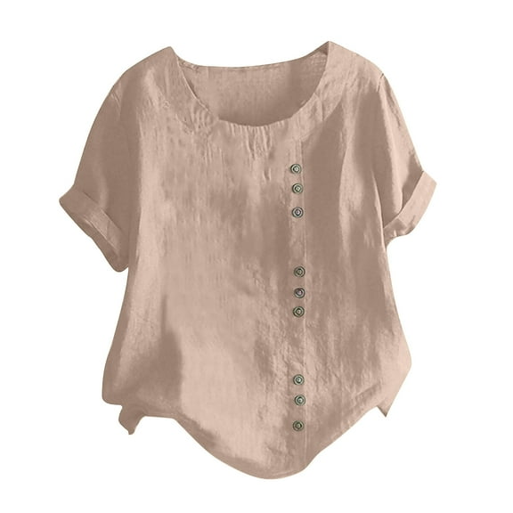 Fesfesfes Workout Tops Womens Summer Casual Color Round Neck Short Sleeve Tops Buttons Blouses Women Short Sleeve Tshirt 4(S)