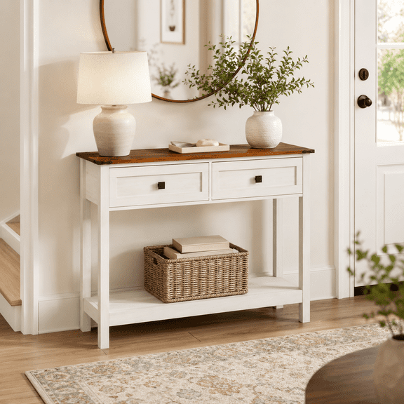 Farmhouse Style Console Table with 2 Drawers and Bottom Storage Shelf, Antique White