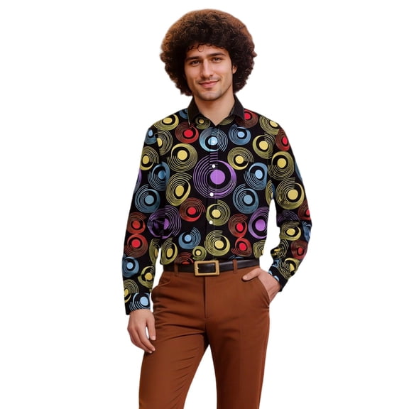 CONZONE Men's 70S Buttons Down Shirts Long Sleeve Hip Pop Shirts For Men Trendy Casual Graphic Lapel Soft Lightweight Tops