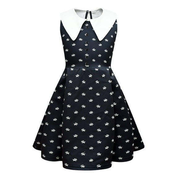 HAWEE Girls Wednesday Addams Costume Dress Kids Family Halloween Costumes Sleeveless Cosplay Party Costume with Wig, Bag