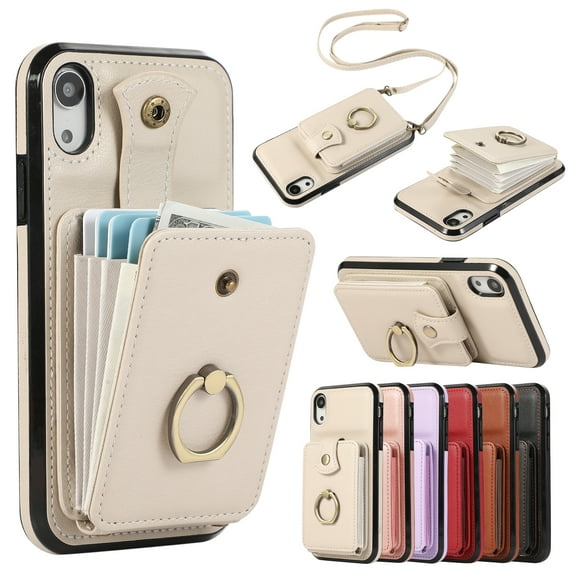 Compatible with iPhone XR Wallet Case, PU Leather Case with Card Holder, 360° Rotation Ring Kickstand, Shoulder Strap, Magnetic Snap Protective Case Designed for iPhone XR, Beige