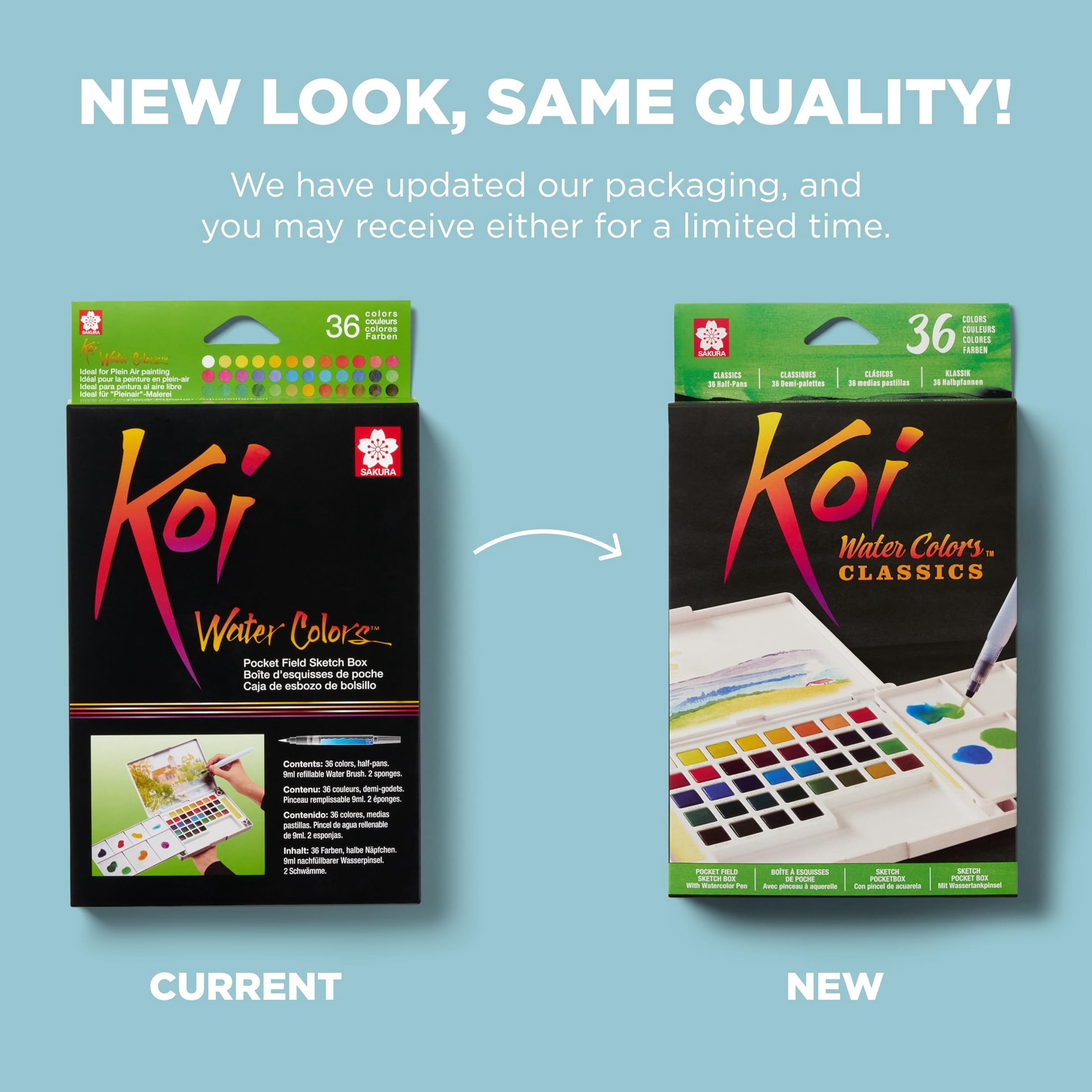 Sakura Koi Pocket Field Sketch Kit - Watercolor Sets for Painting On the Go - 36 Colors - 1 Water Brush - 1 Sponge - 1 Mixing Palette