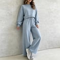 thumbnail image 4 of Women's Vintage Polka Dot 2 Piece Outfits Crop Sweatshirt and Loose Fit Wide Leg Flare Pants Y2K Retro Streetwear Casual Tracksuit Set Light Blue, 4 of 7