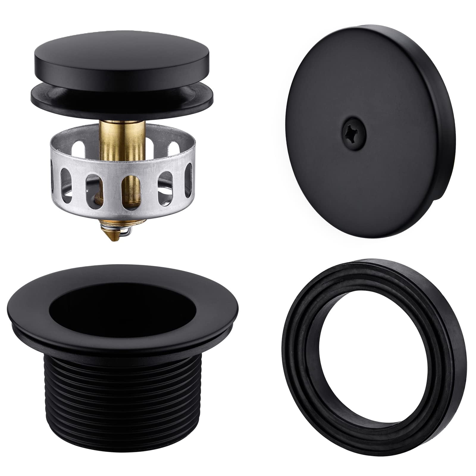Brass TipToe Tub Drain Kit with Basket Strainer and One Hole Overflow Faceplate, Matte Black