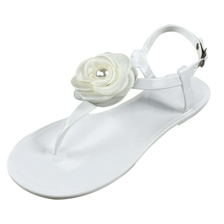 

Fandiiiii Strap Slide Ladies Summer Pearl Flower Jelly Toe Beach Big Size Flat Transparent Sandals