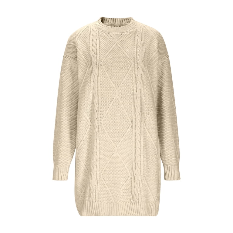 Vekdone Cable Knit Sweater Dress for Women Fall Winter Casual Crewneck Cute Vintage Short Dresses Solid Color Soft Comfy Mini Dress Beige XL, Women's