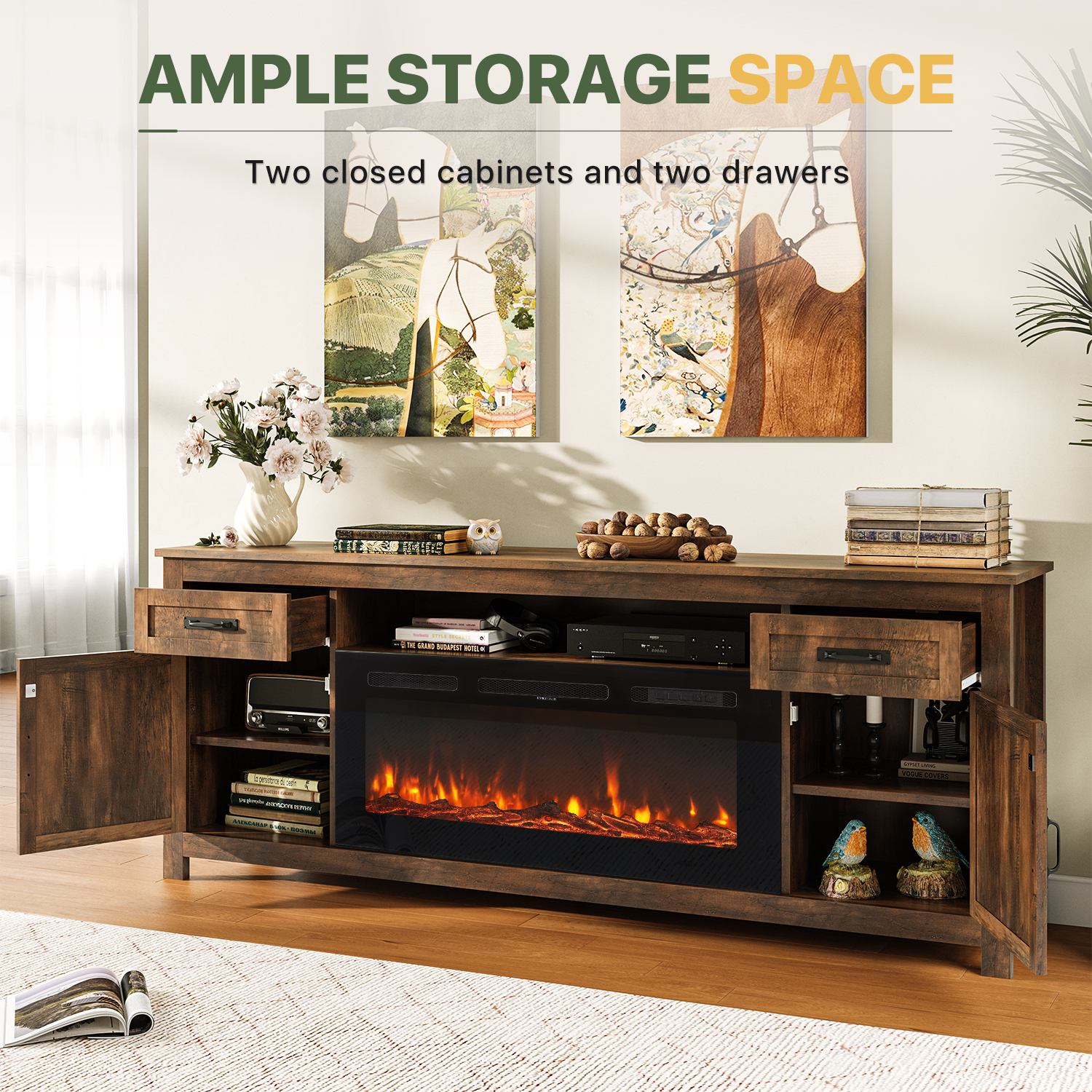 BaPiPro 70" Electric Fireplace TV Stand, Farmhouse Entertainment Center for TVs up to 80" with Storage Drawers, Rustic Brown