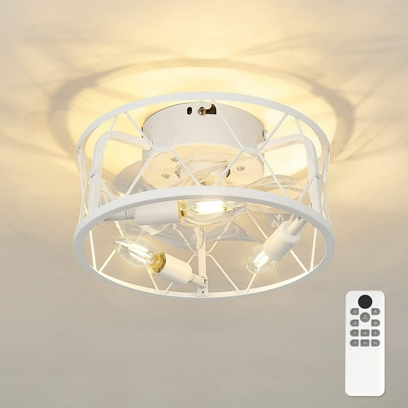 Ltmate 12-Inch Indoor Mini Cage Ceiling Fan with Light in White, Low Profile Design, 100-240V