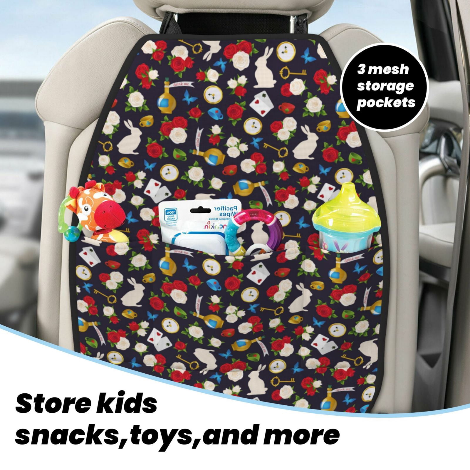 Kdxio Rose Rabbit Print 2 Pack Car Kick Mat Seat Cover Back Protector Mat with Pockets for Organizer Backseat Protector and Storage Anti Kick Pad for Vehicles