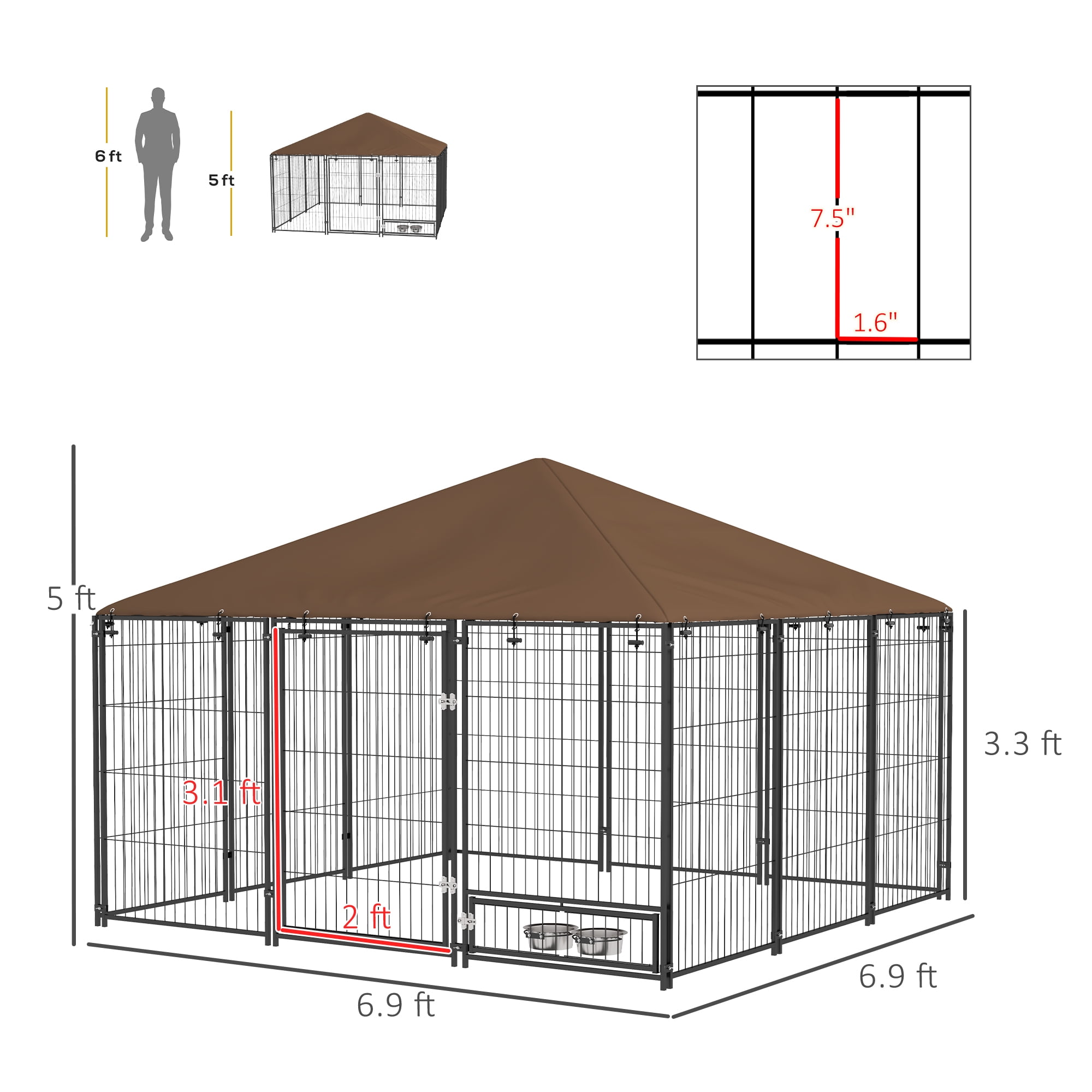 ZephyPaws 7X7FT Dog Kennel Outside with Feeding,Heavy Duty Outdoor Dog Crate with Door,Durable Dog Cage with Roof & Double Lock,Black