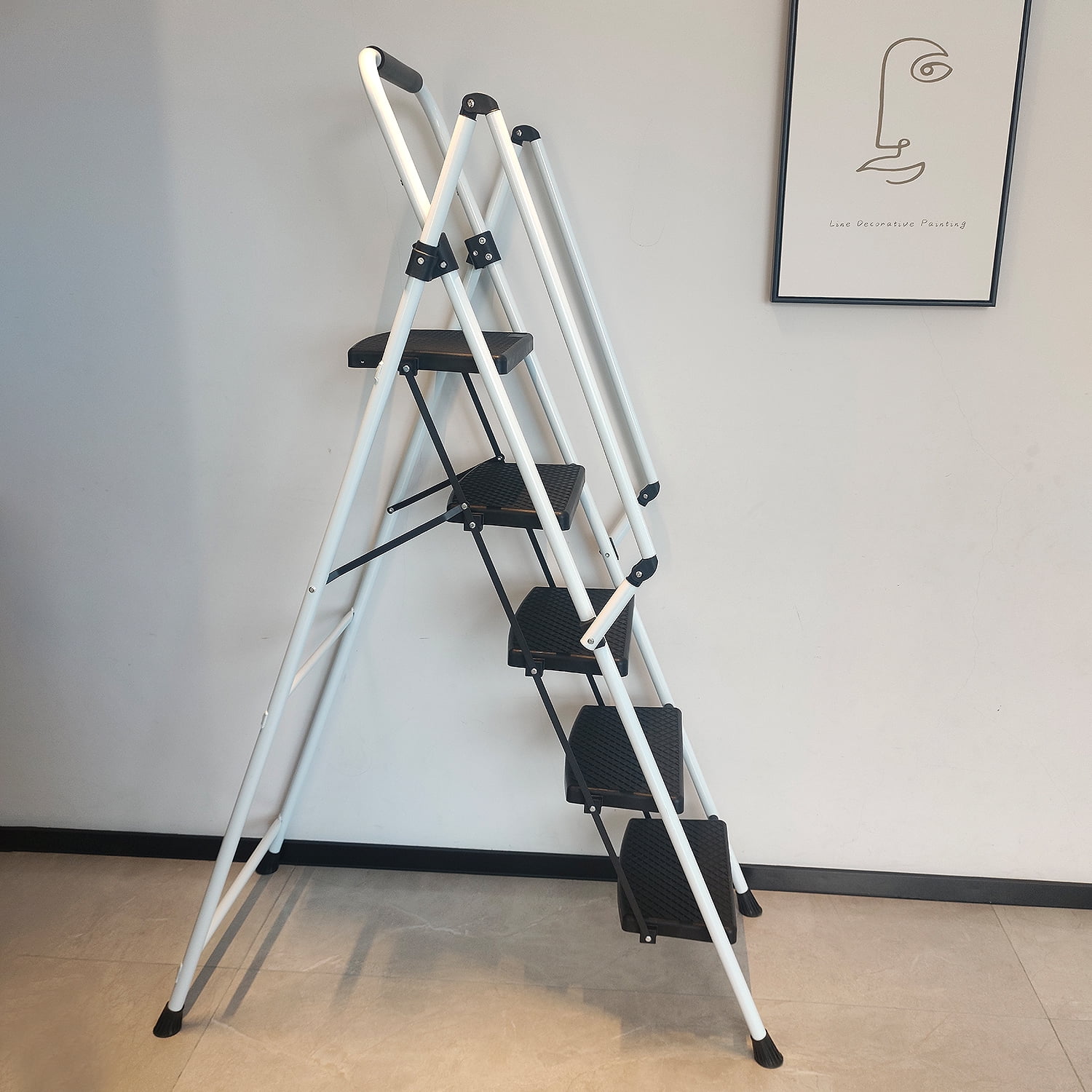 5-Step Folding Ladder Stool, 330 LBS Capacity Lightweight Steel Ladder with Wide Non-Slip Pedals & Sponge Safety Handle, Foldable Portable Step Ladder for Home Kitchen Office