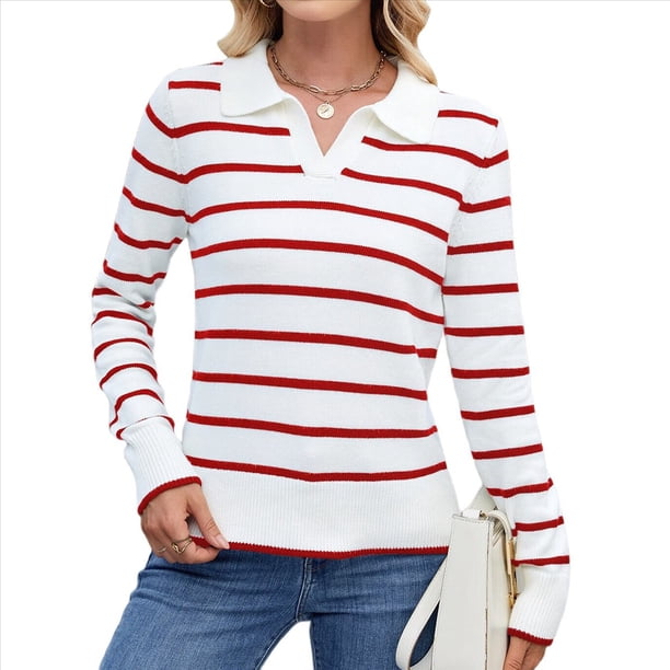 Camisas de Mujer con Cuello de Solapa, Cuello en V, Blusa de Larga, Blusa Informal Elegante. Rojo S