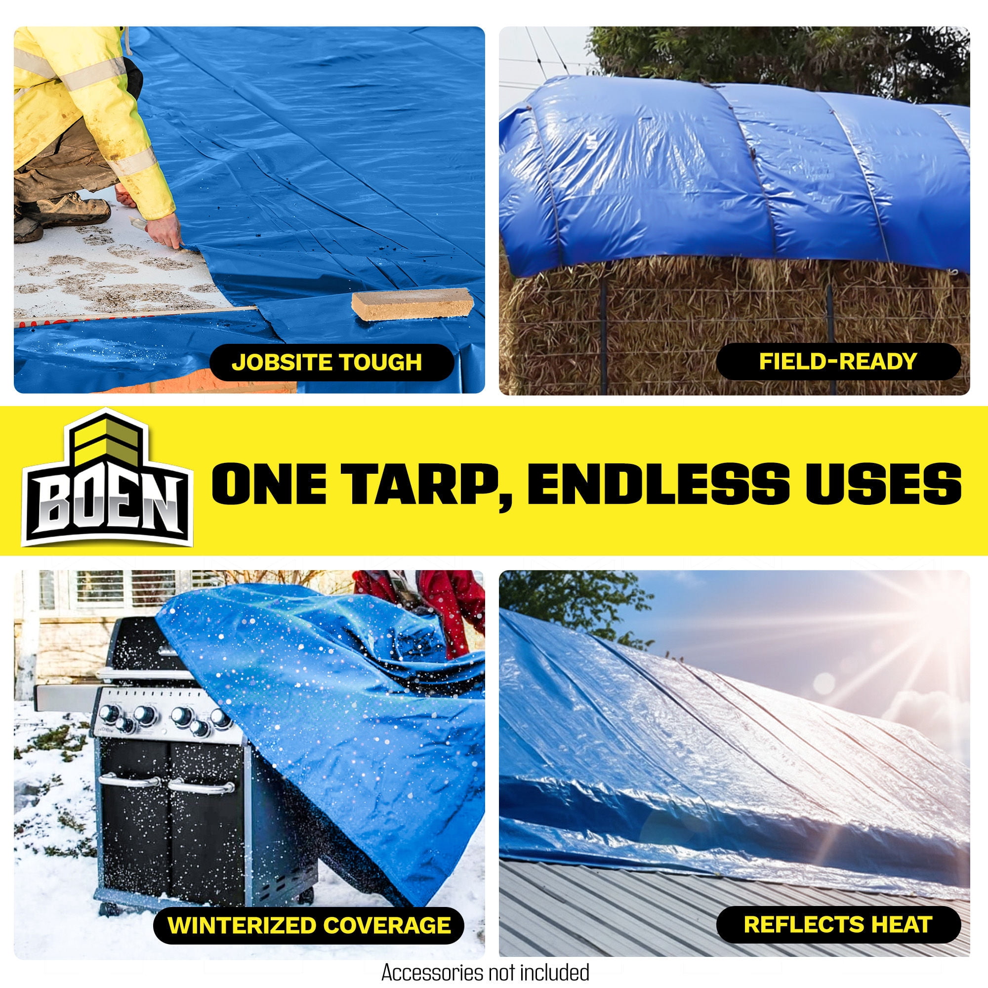 BOEN 30 x 30 ft 5 Mil Blue Waterproof Tarps, 3-Pack Case, Bulk Poly Covers