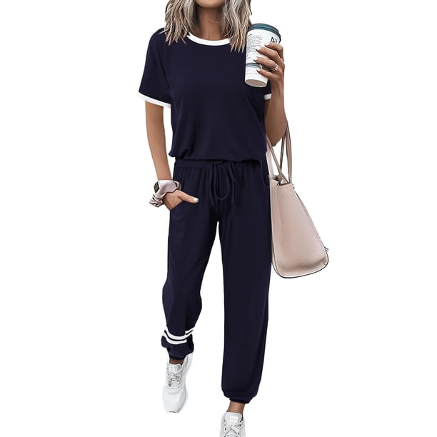 Conjunto Deportivo PRETTYGARDEN de Dos Piezas para Mujer, Set Casual a Rayas Azul Talla L