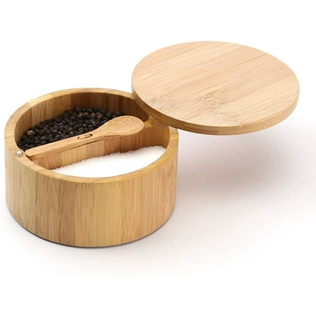 

Bamboo Salt and Pepper Bowl Box Cellar Container Divided Built-in Serving Spoon to Avoid Dust Swivel Lid to Keep Dry Sea Salt Spice Seasoning Keeper Holder Dual 7 Ounce Capacity