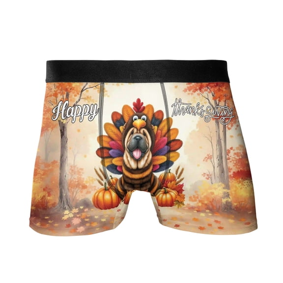 Happy Thanksgiving Chinese Shar-Pei Turkey Costume Pumpkins Autumn Leaves All Over Print Boxer Briefs Underwear for Men Dad Dog Lover - 13014