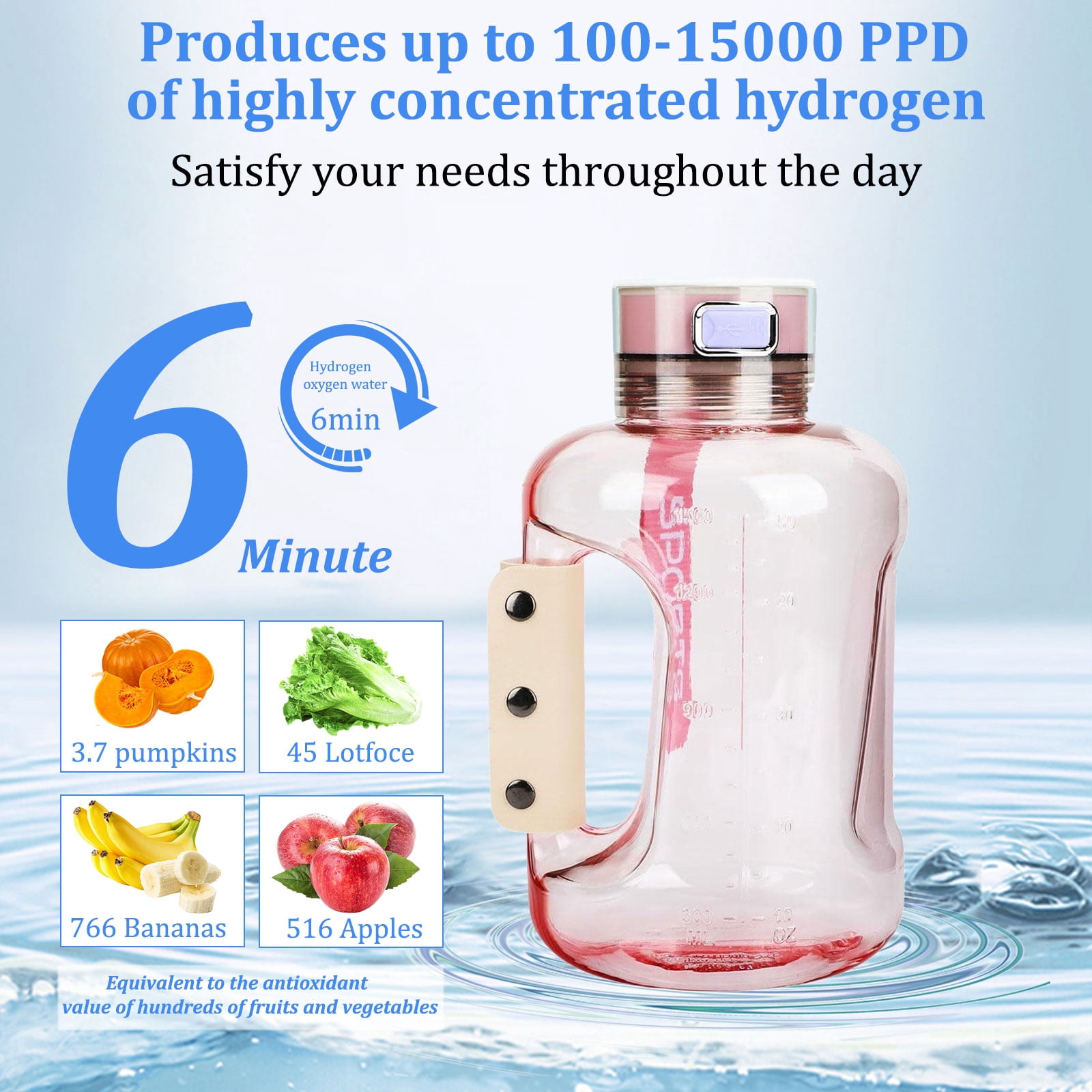 50oz Hydrogen Water Bottle, 1.5L Portable Sports Ionizer with Handle and Shoulder Strap