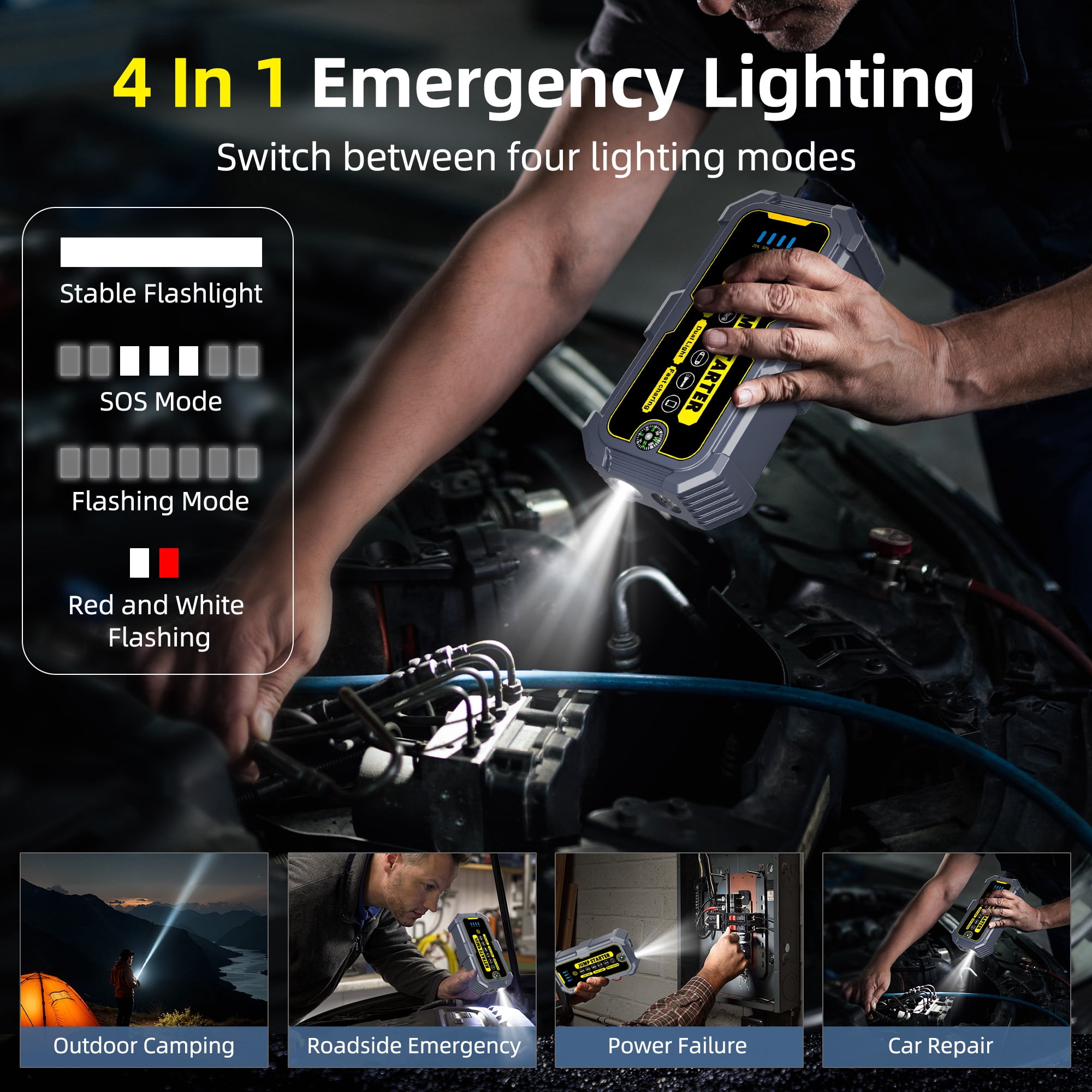 Panpaddle 4000A Car Jump Starter, 37000mWH Portable Power Bank for 12V Gas/Diesel Engines, with LED Light, Compass & Quick-Charge