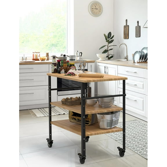 AOILE 33" Outdoor Pizza Oven Table with Wheels - Bamboo & Acacia Wood BBQ Grill Cart, 3-Shelf Prep Table with Wine Rack, 600LBS Capacity - Brown