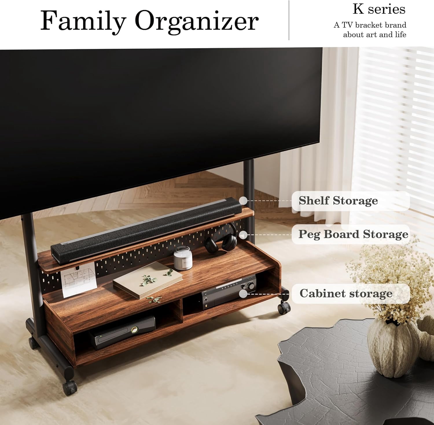 FITUEYES Rolling TV Stand for 70–100 Inch TVs, Black & Walnut, Wood Shelf & Pegboard