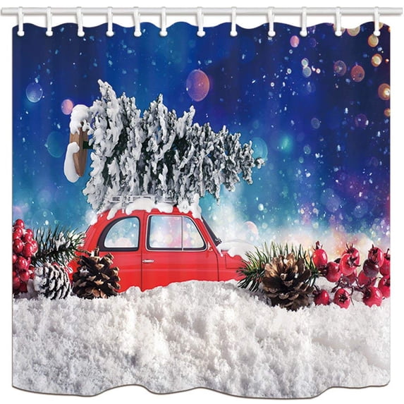ARTJIA New Year Vintage American Car with Large Xmas Tree Polyester Fabric Bathroom Shower Curtain 66x72 inches