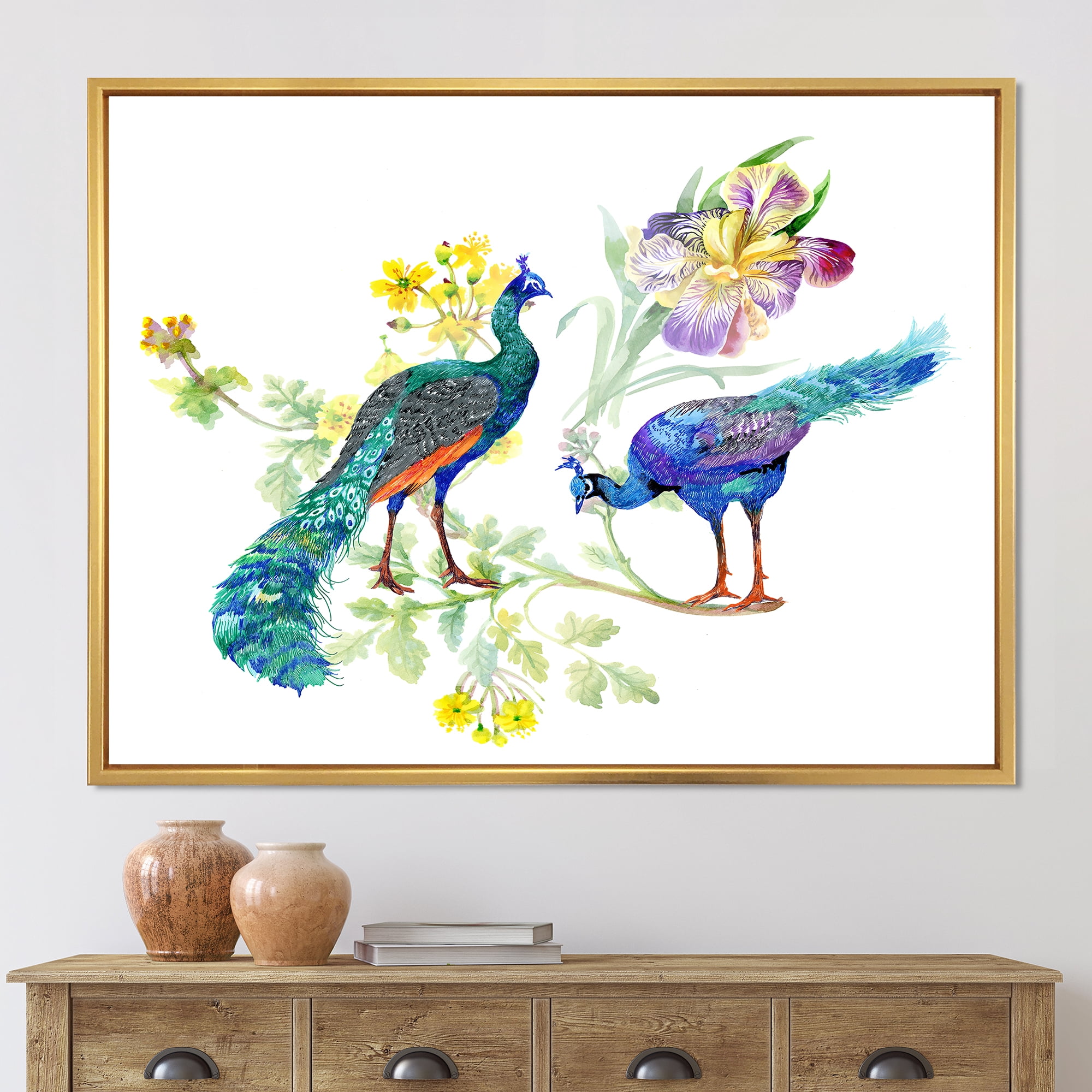 Designart 'Iris Flowers and Peacocks' Traditional Framed Canvas Wall Art Print