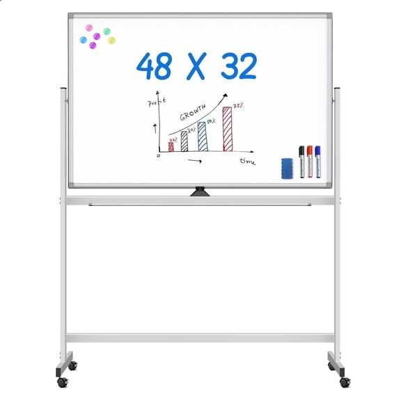 Maxtek Large Rolling Whiteboard on Wheels, 48" x 32" Magnetic Dry Erase Board with Stand, 4' x 3' Mobile Easel Standing Aluminum Frame for Home School, Office & Class