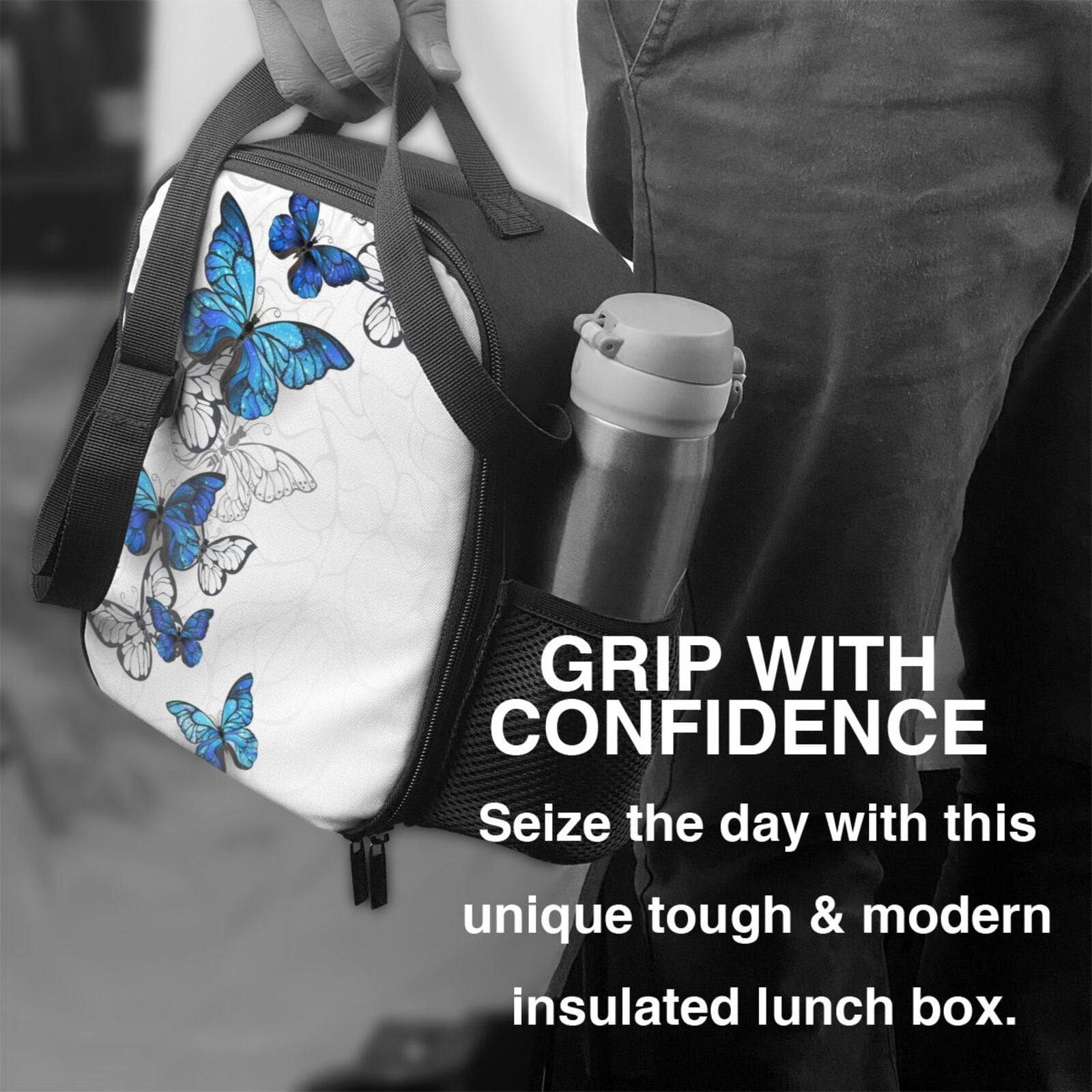 Defioc Blue Flying Butterflies Print Lunch Box for Men & Women, Insulated Lunch Bag Thickened Thermal Leakproof Lunch Tote Bag for Adult Office Travel Picnic