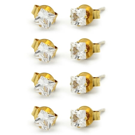 BEBERLINI Stud Earring Set of 4 Cubic Zirconia Earrings Shinny Female Gold Plated Square Ear Jewelry Size 4 mm