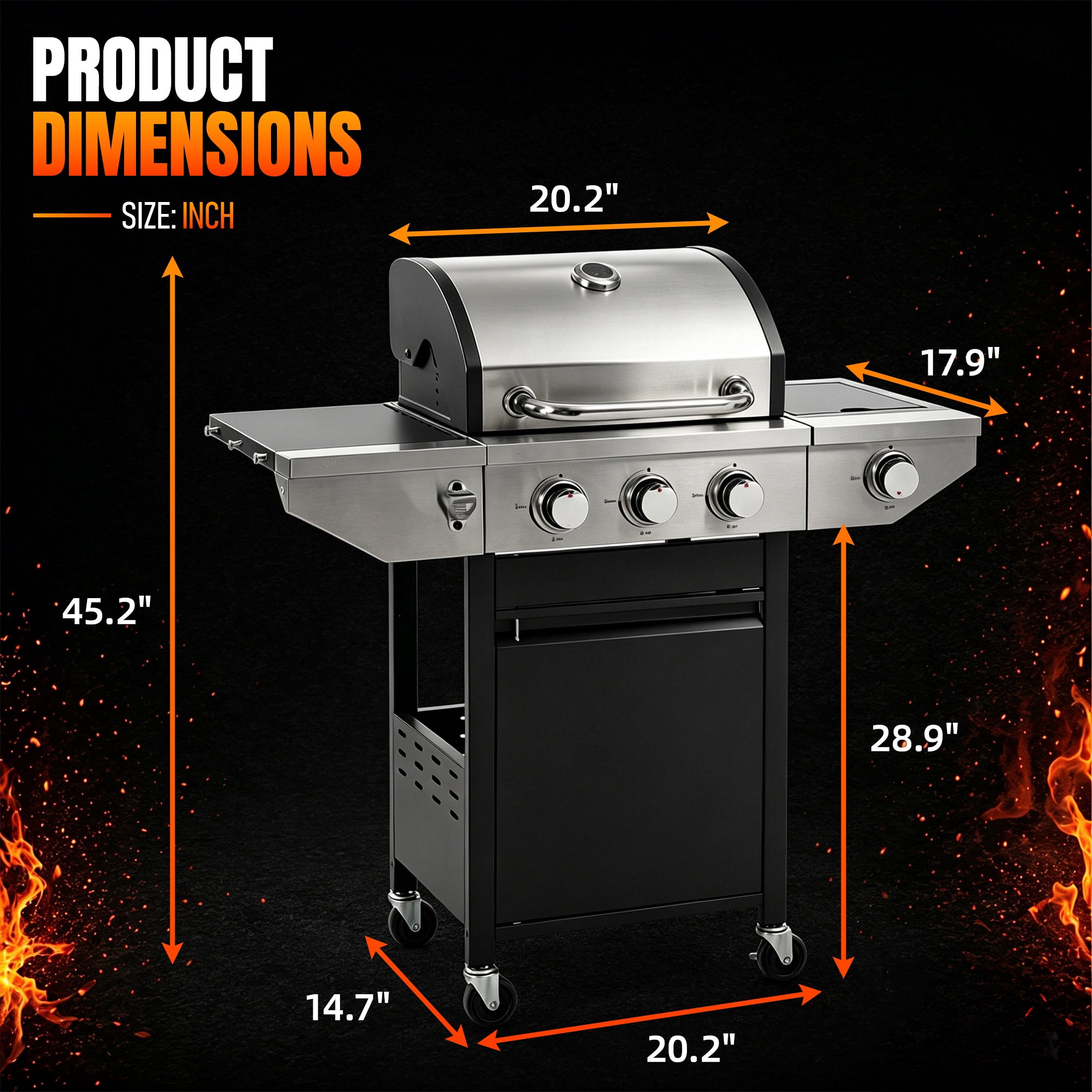 Segmart 3 Burner Propane Gas Grill with Side Burner, 37,000 BTU Outdoor Cooking BBQ Grill with Porcelain-Enameled Cast Iron Grates, Equipped with Temperature, Tool Hooks, and Bottle Opener