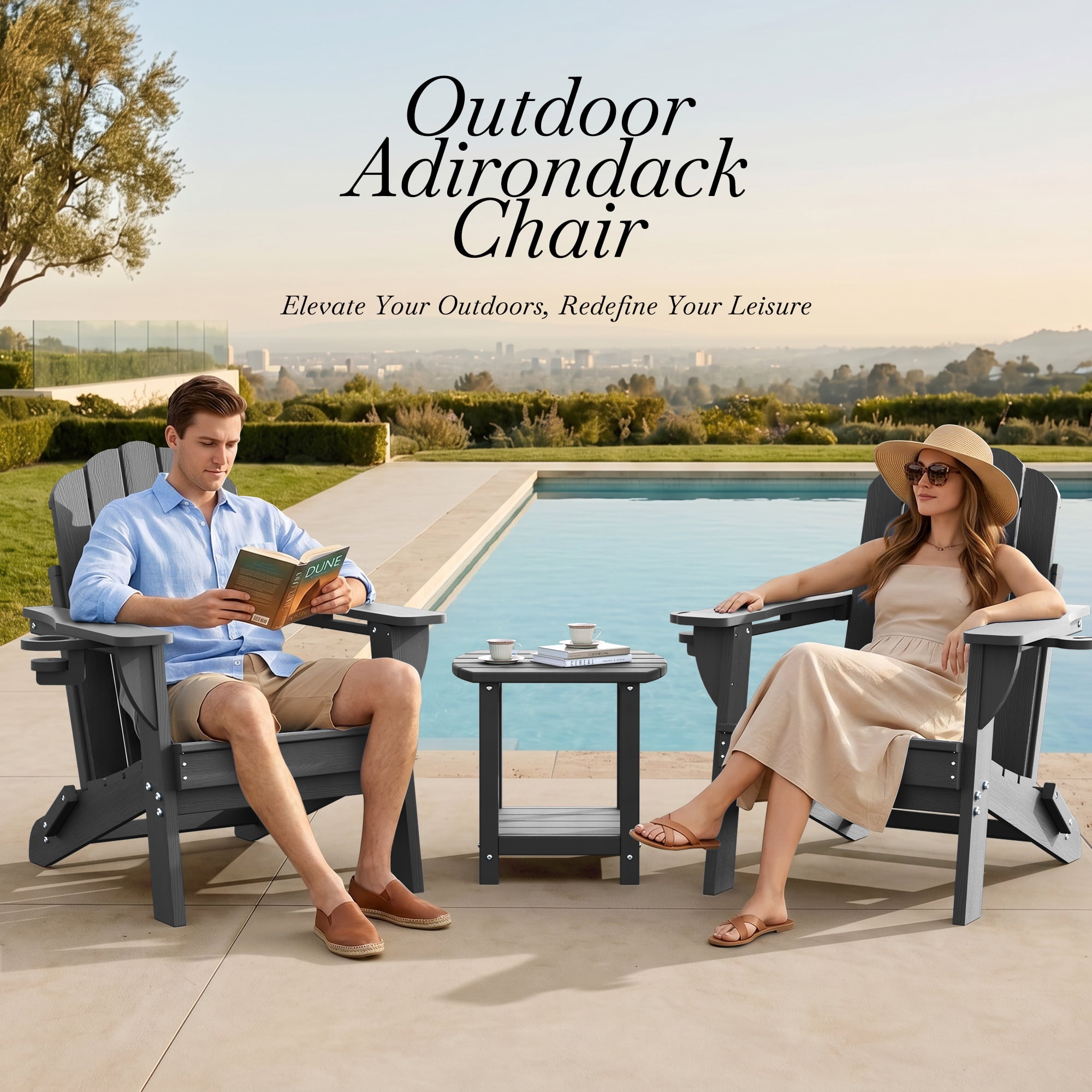 Folding Adirondack Chairs Set of 2, HDPE Plastic Fire Pit Chairs, Gray