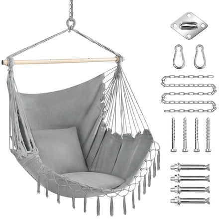 Hammock Chair Swing, Hanging Rope Swing for Patio, Bedroom, Backyard, Indoor or Tree, Hanging Rope Swing Seat with Detachable Metal Support Bar & 2 Cushions, Max. Weight 250 Lbs