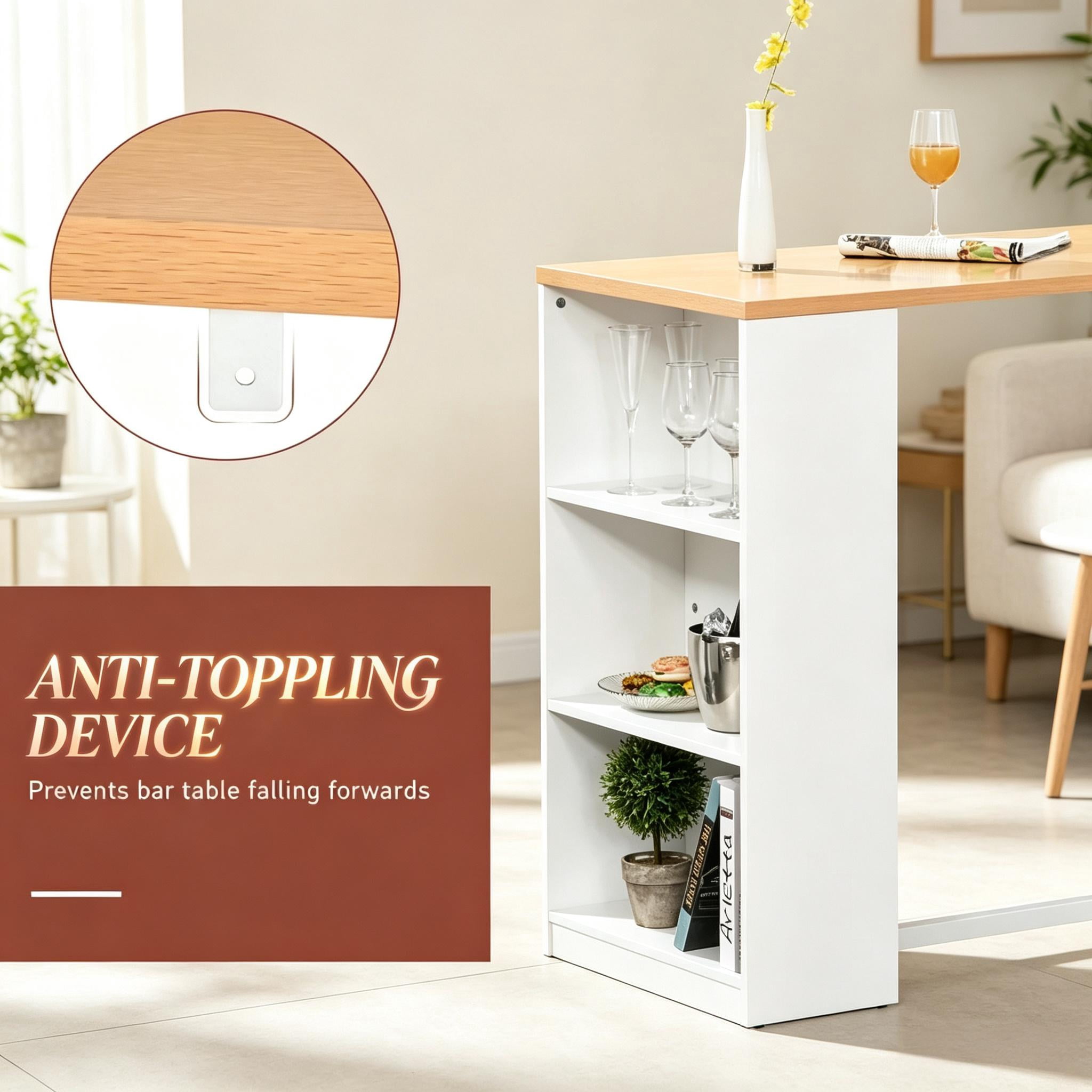 Bar Table with Storage Shelves 45.25x21.75x39.25 Inch Anti-Toppling for Kitchen Dining Room Pub