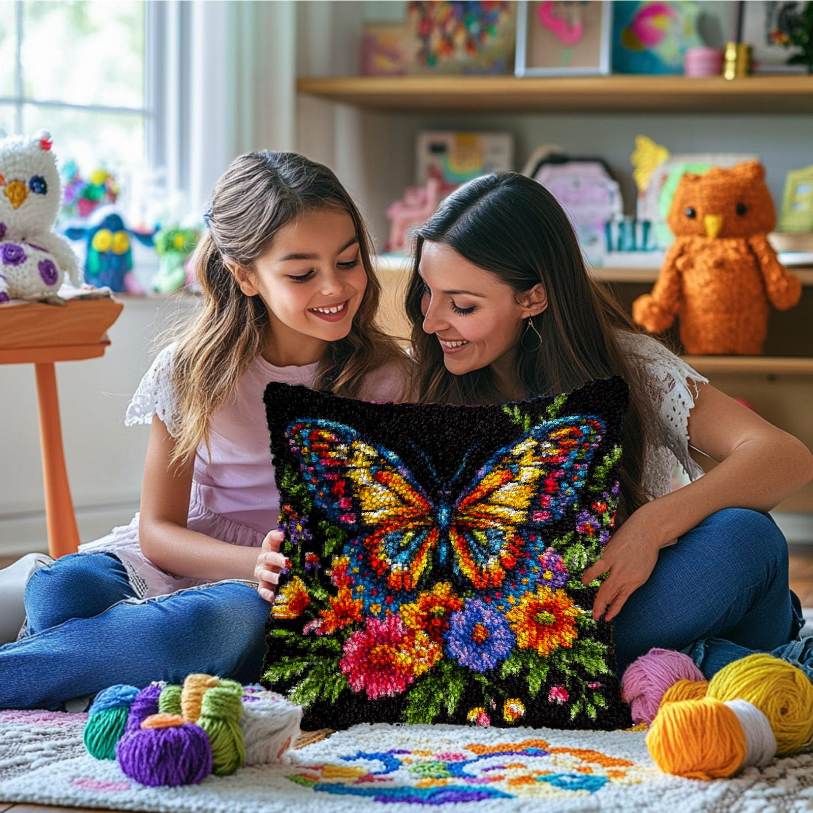 DIY Latch Hook Pillow Kits Colorful Butterfly Surrounded by Vibrant Flowers Printed Pillowcase Crochet Yarns Hooking Handmade Pillow Cover Cushion for Home Sofa Decoration 17x17inch-1