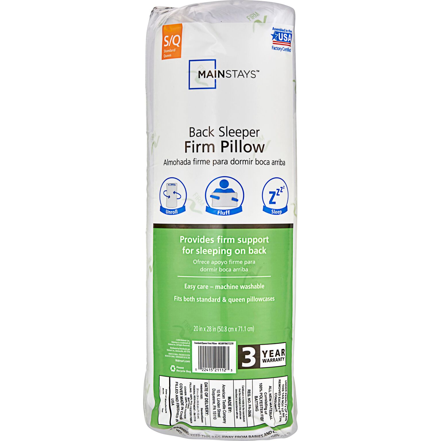 mainstays back sleeper firm pillow